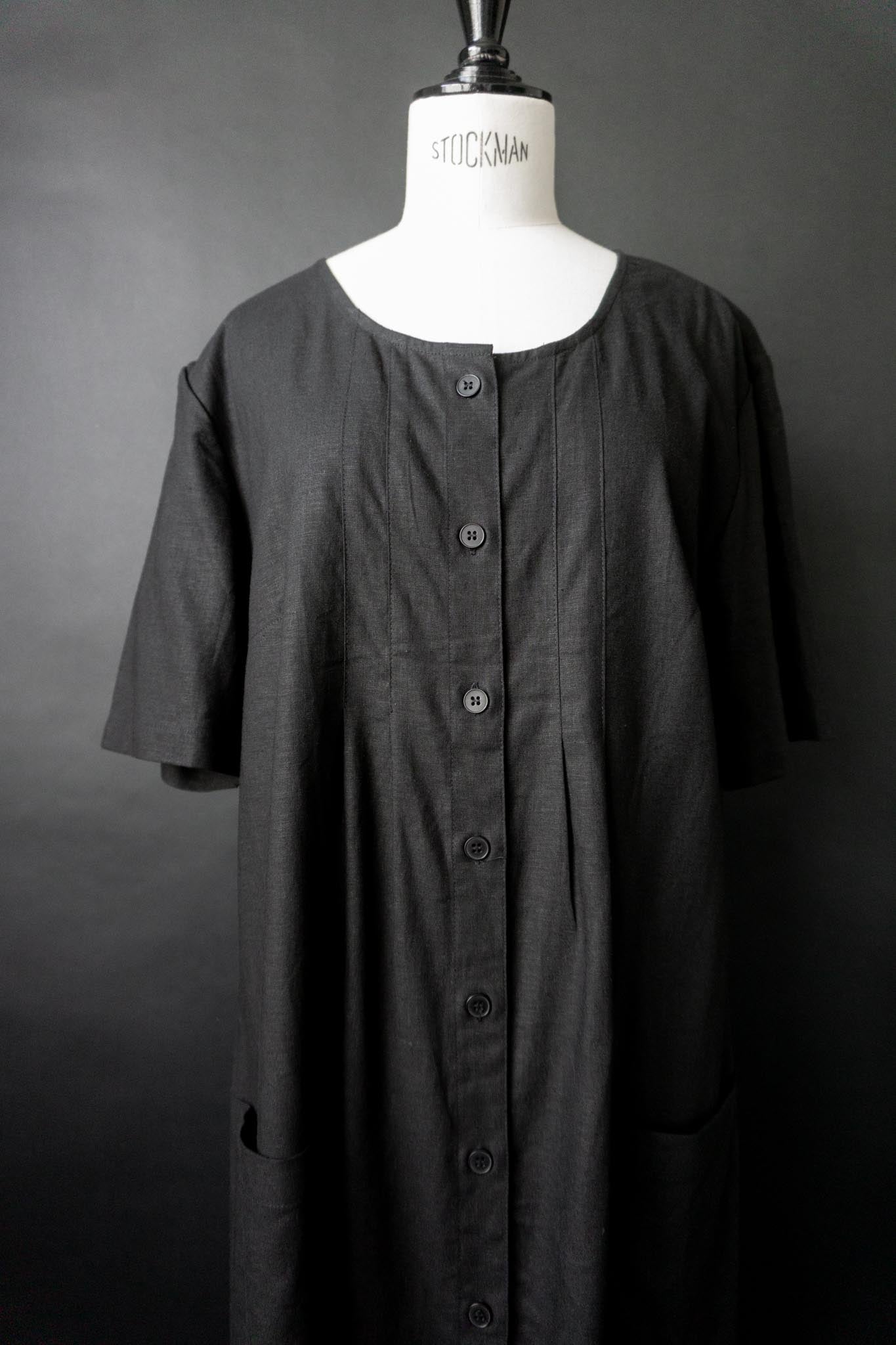 Vintage Maxi Leinenkleid, Schwarz, L–XL