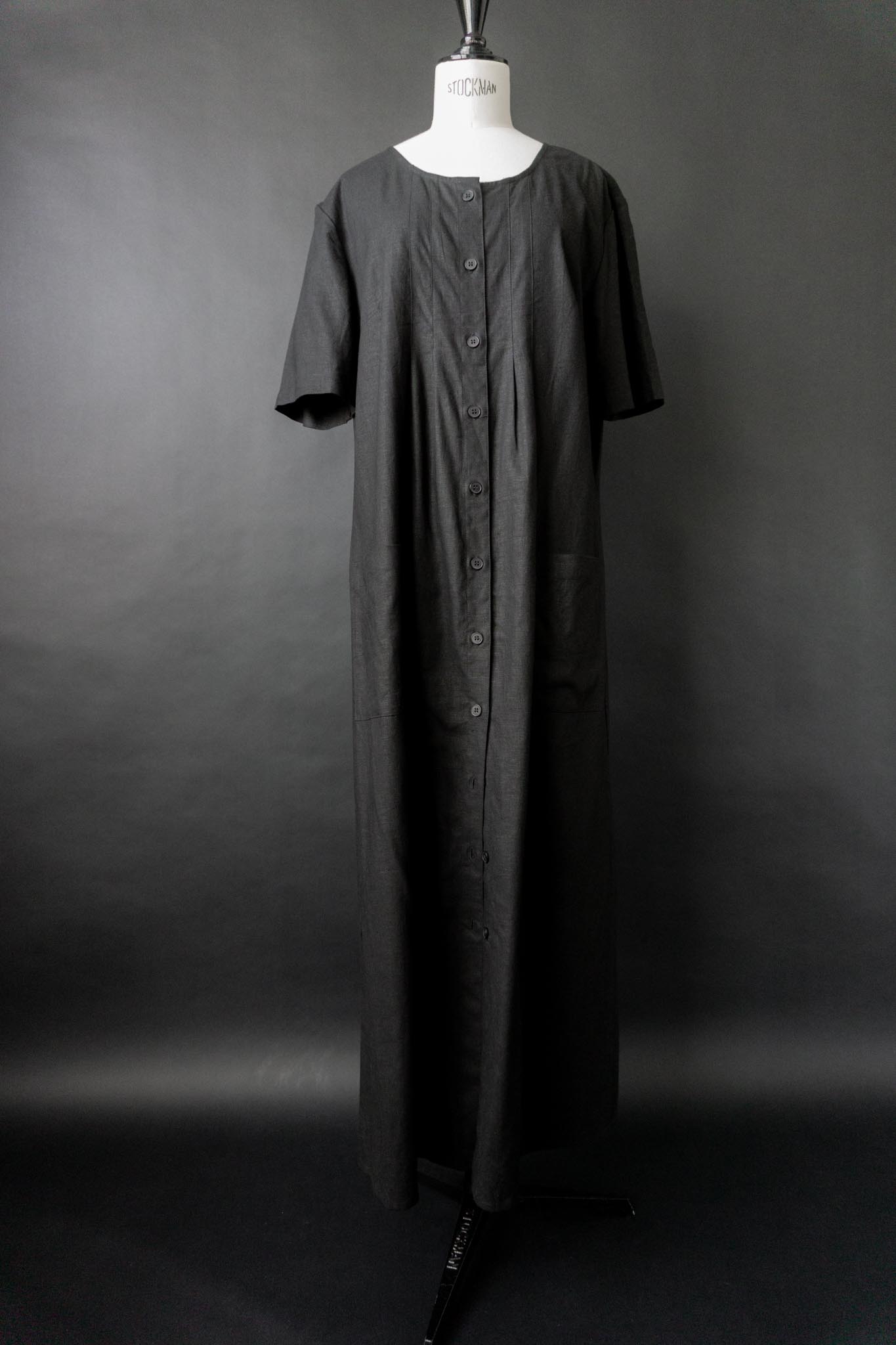 Vintage Maxi Leinenkleid, Schwarz, L–XL
