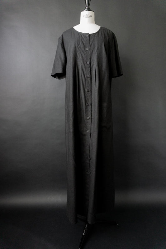 Vintage Maxi Leinenkleid, Schwarz, L–XL