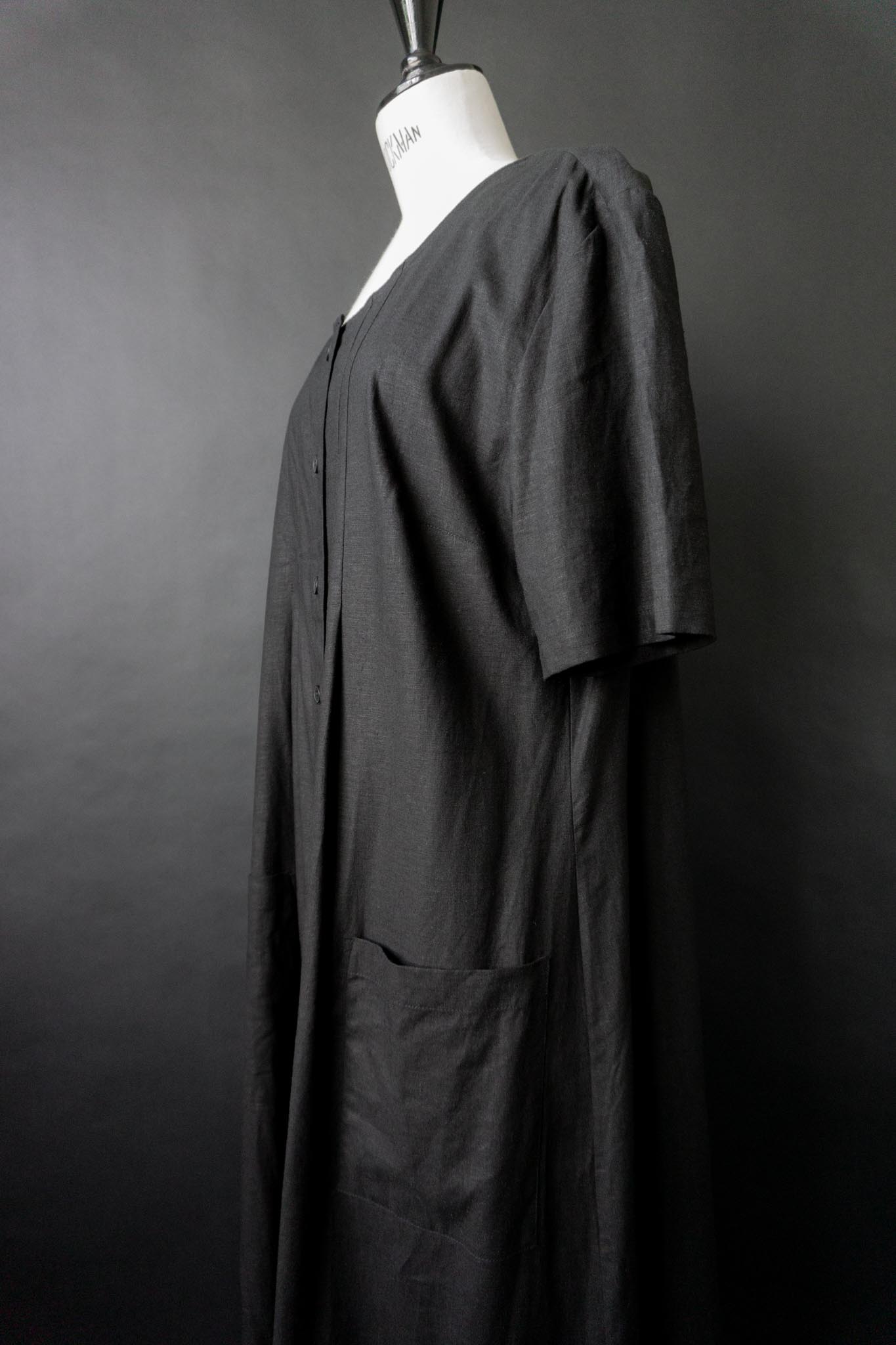 Vintage Maxi Leinenkleid, Schwarz, L–XL