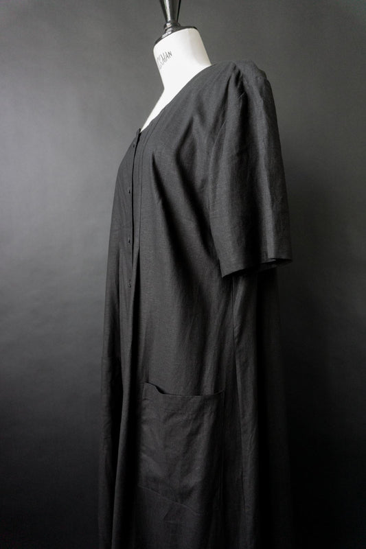 Vintage Maxi Leinenkleid, Schwarz, L–XL