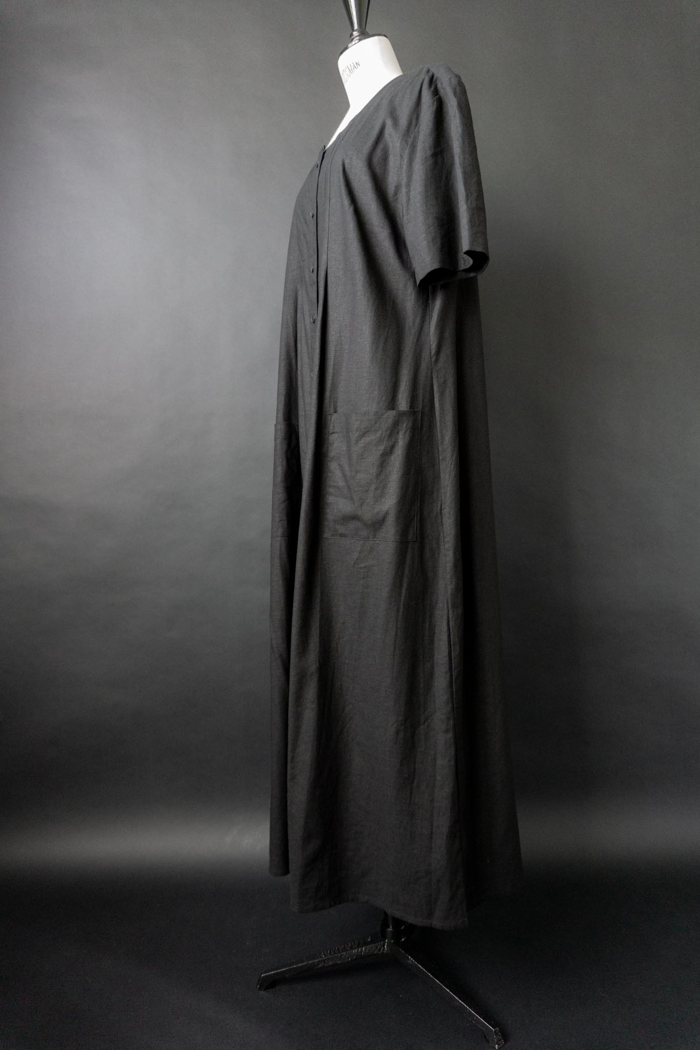 Vintage Maxi Leinenkleid, Schwarz, L–XL
