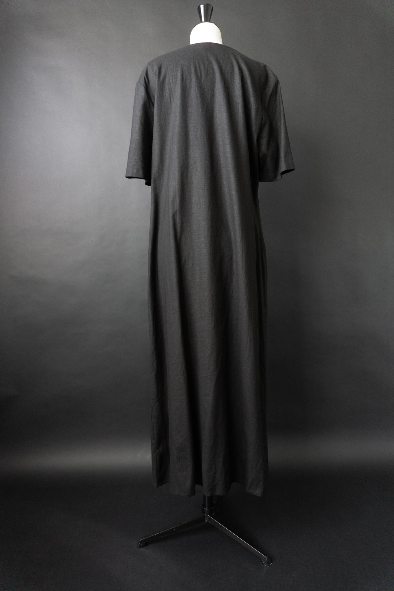 Vintage Maxi Leinenkleid, Schwarz, L–XL