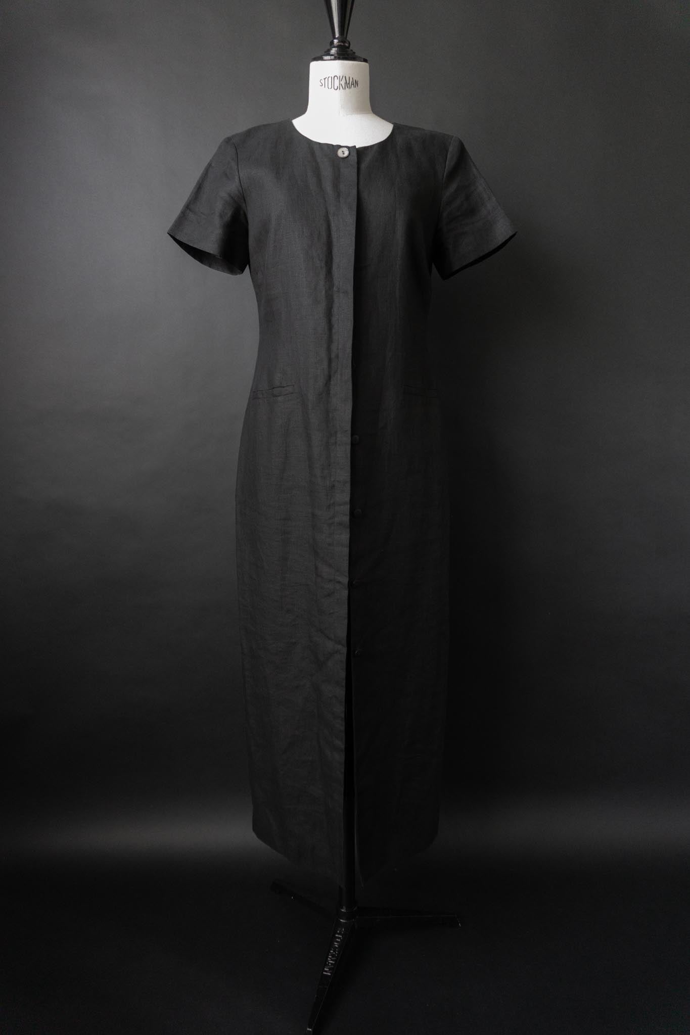 Vintage Irish Linen Maxikleid in Schwarz mit Perlmuttknöpfen, S–M