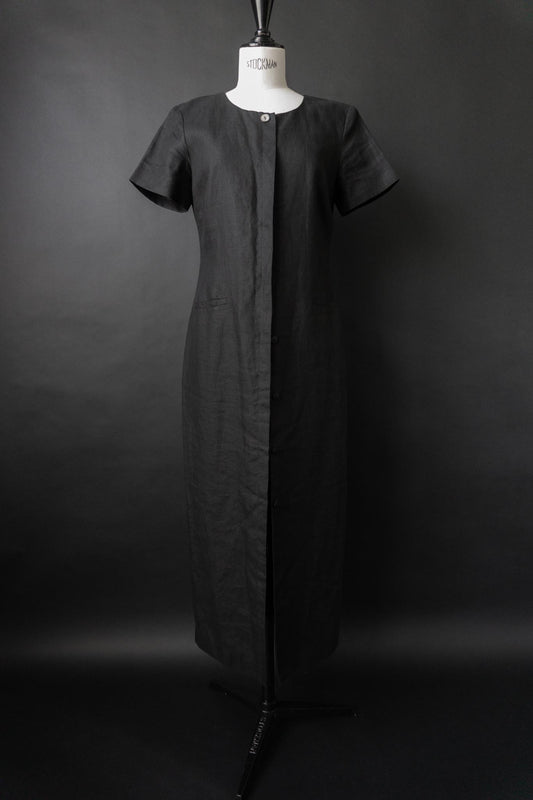 Vintage Irish Linen Maxikleid in Schwarz mit Perlmuttknöpfen, S–M