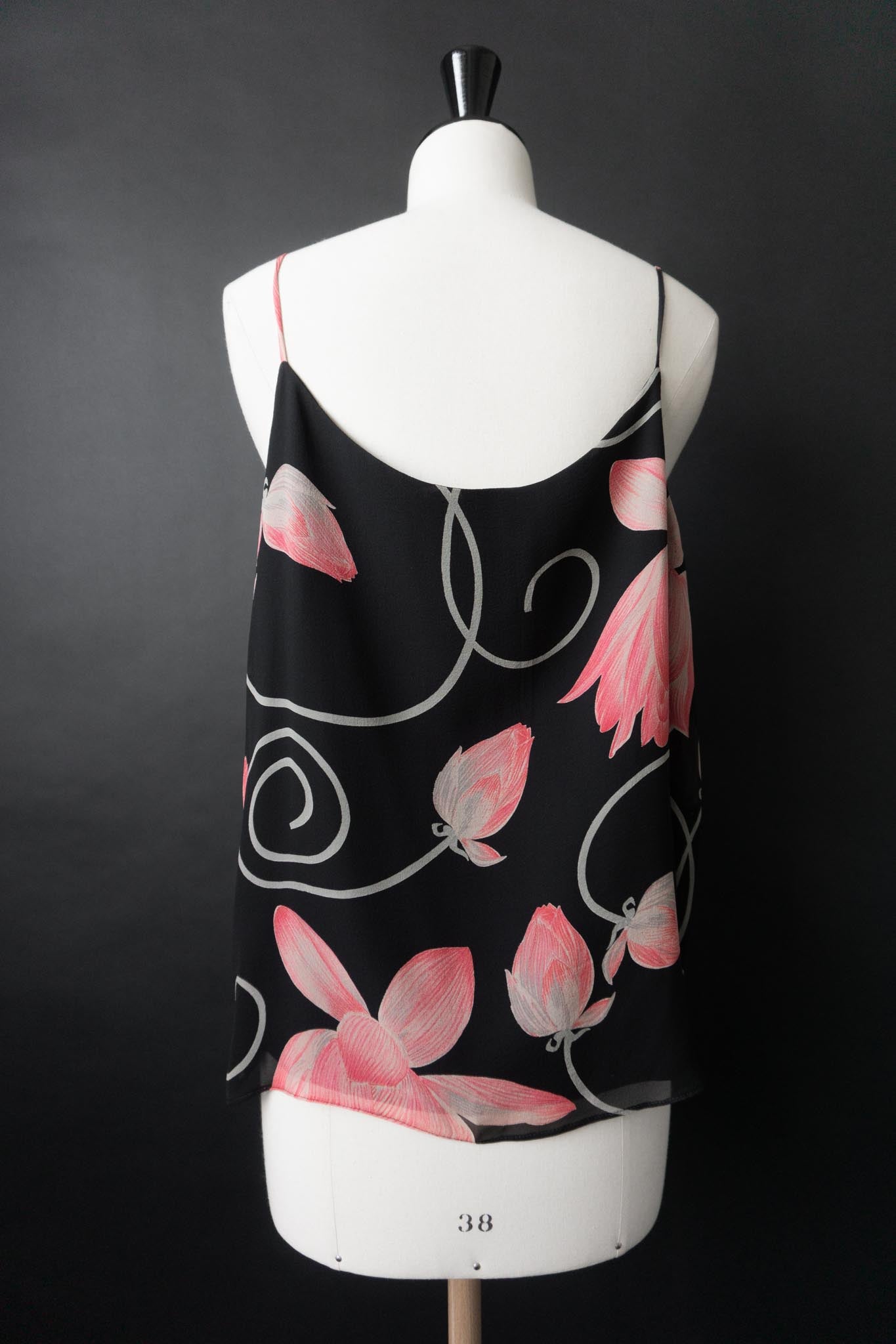 Vintage 90s Set: Rock & Top, Pure Silk, dark flowers, M–XL
