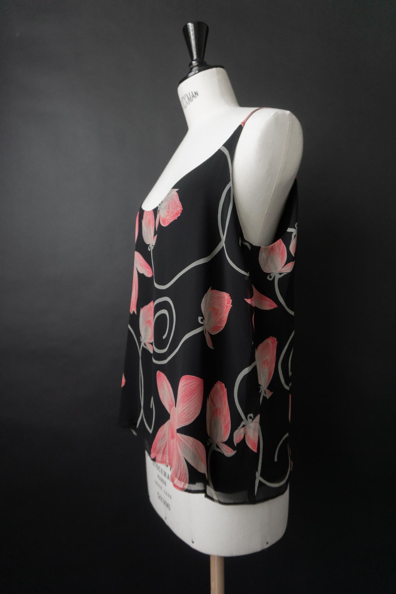Vintage 90s Set: Rock & Top, Pure Silk, dark flowers, M–XL