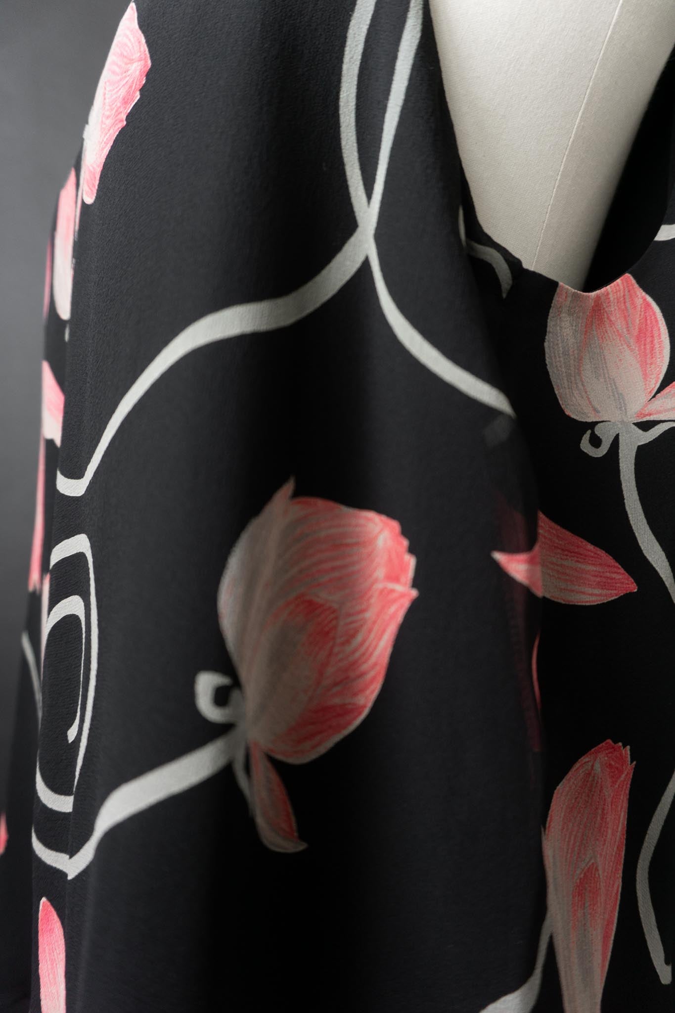 Vintage 90s Set: Rock & Top, Pure Silk, dark flowers, M–XL