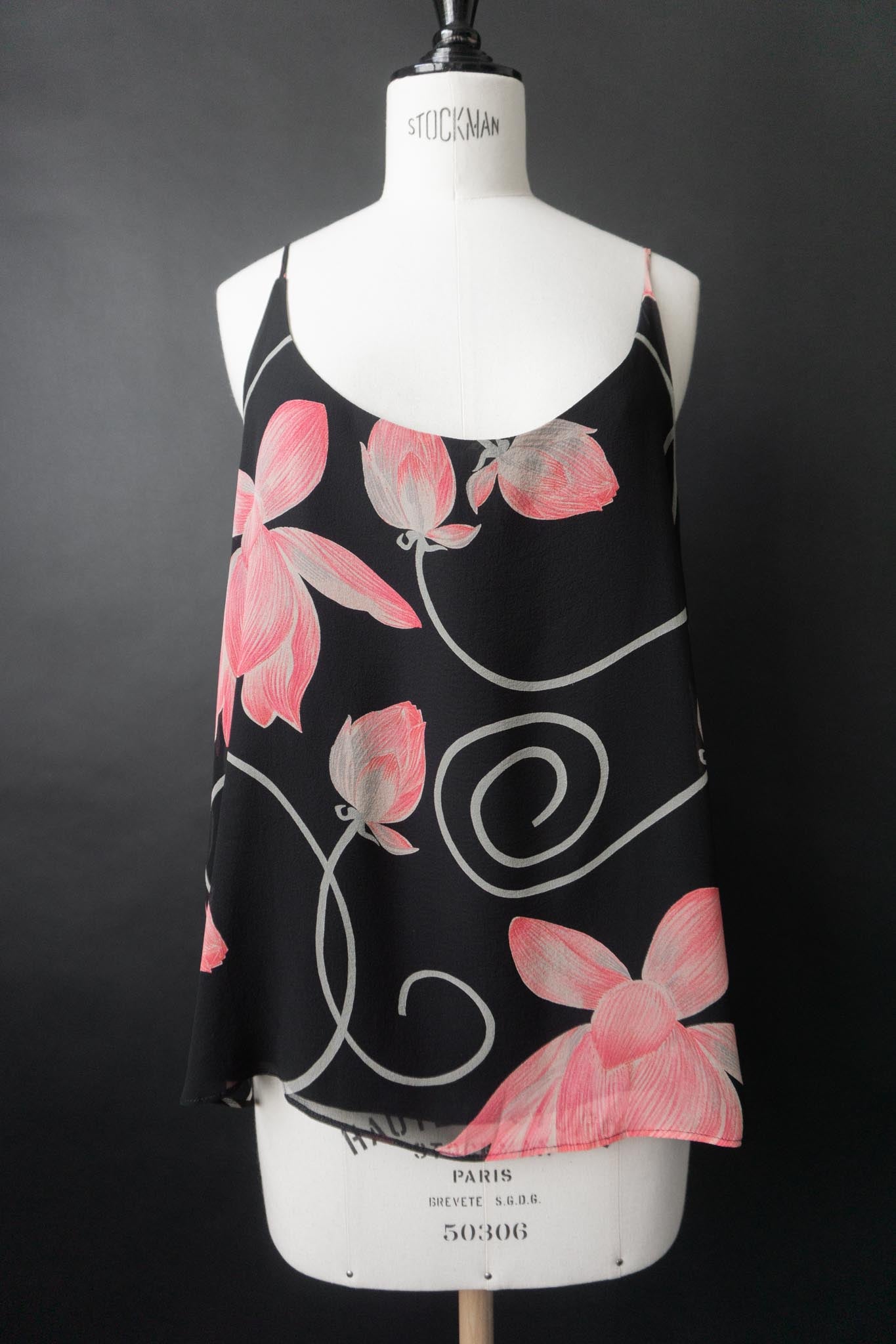 Vintage 90s Set: Rock & Top, Pure Silk, dark flowers, M–XL