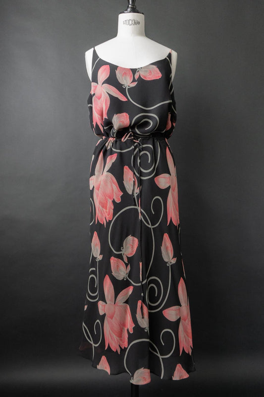 Vintage 90s Set: Rock & Top, Pure Silk, dark flowers, M–XL