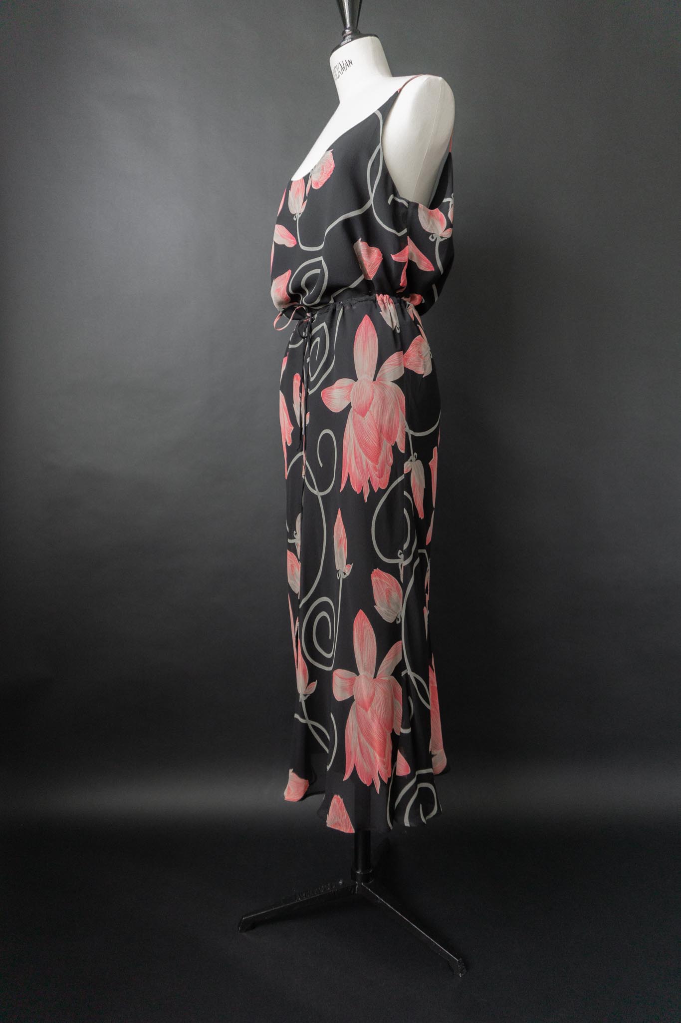 Vintage 90s Set: Rock & Top, Pure Silk, dark flowers, M–XL