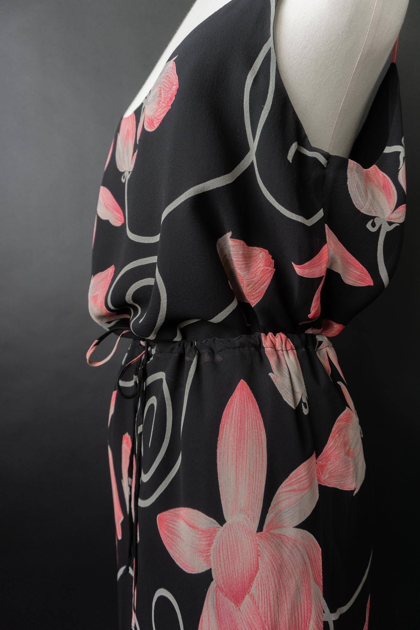 Vintage 90s Set: Rock & Top, Pure Silk, dark flowers, M–XL