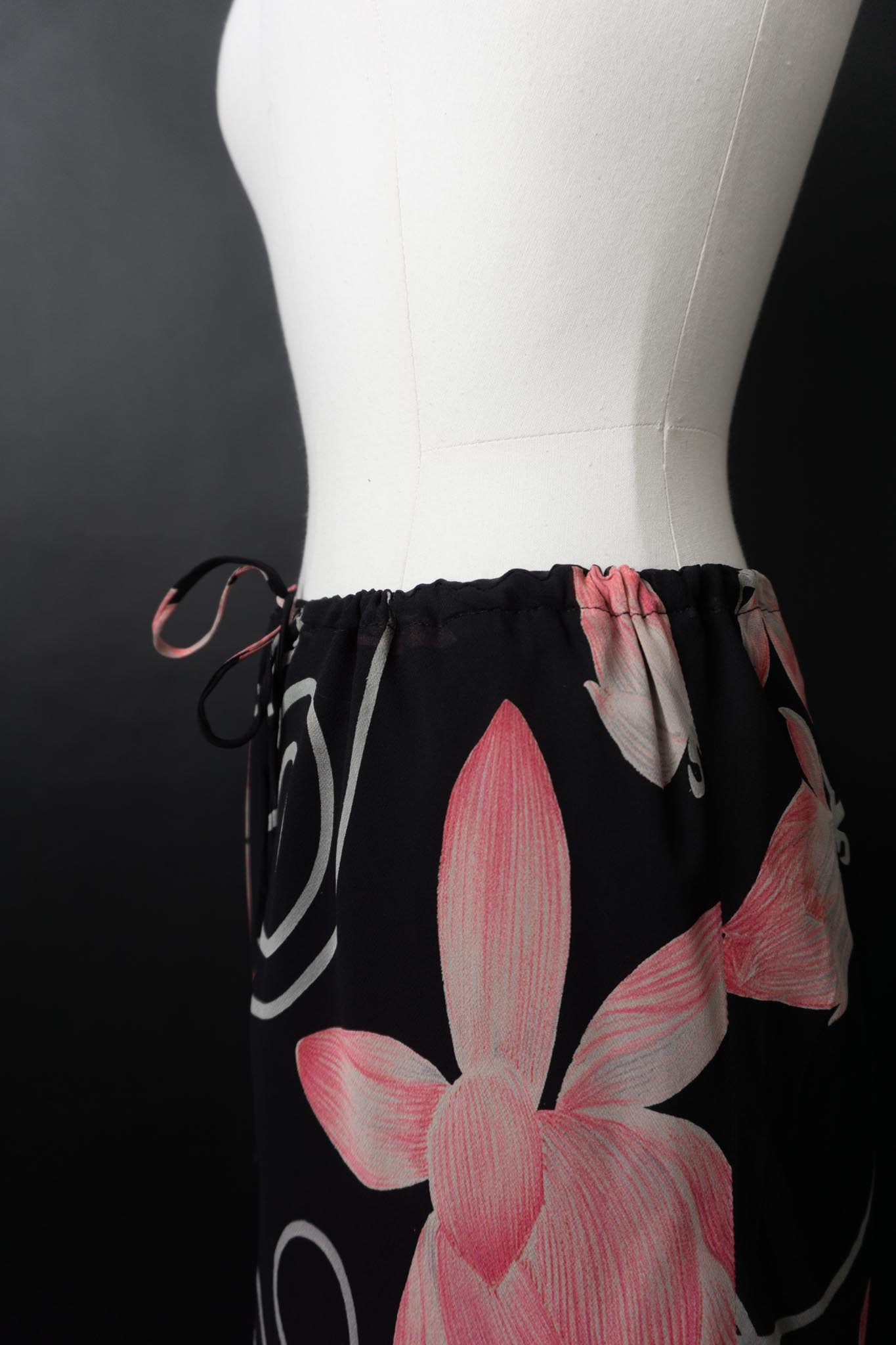 Vintage 90s Set: Rock & Top, Pure Silk, dark flowers, M–XL