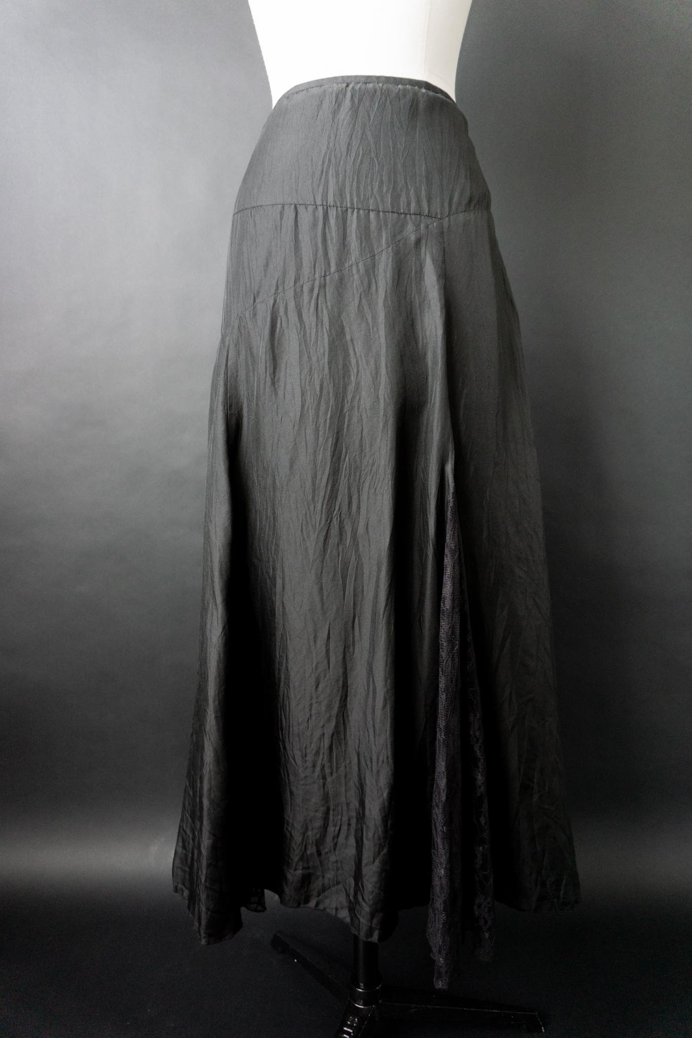 Vintage 90s Seidenrock Schwarz mit Spitze, L–XL