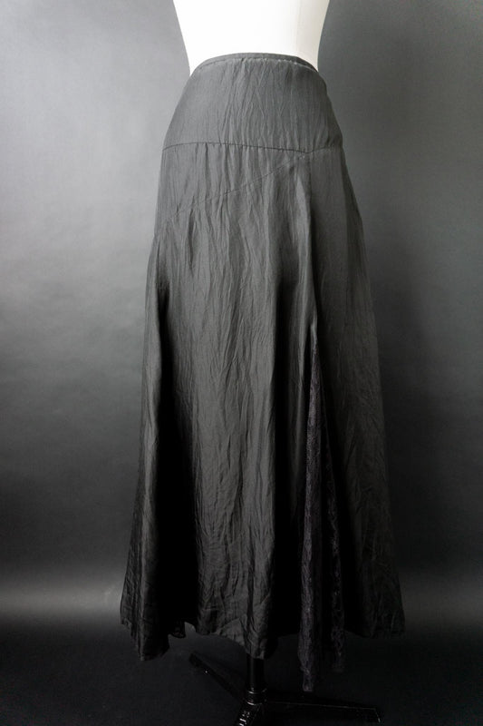 Vintage 90s Seidenrock Schwarz mit Spitze, L–XL