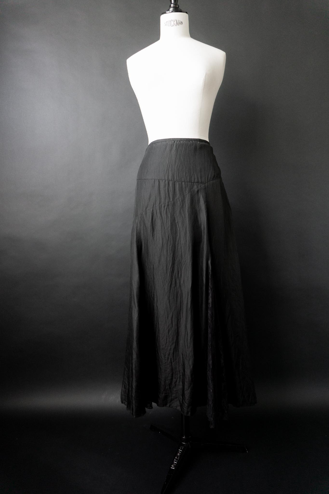 Vintage 90s Seidenrock Schwarz mit Spitze, L–XL