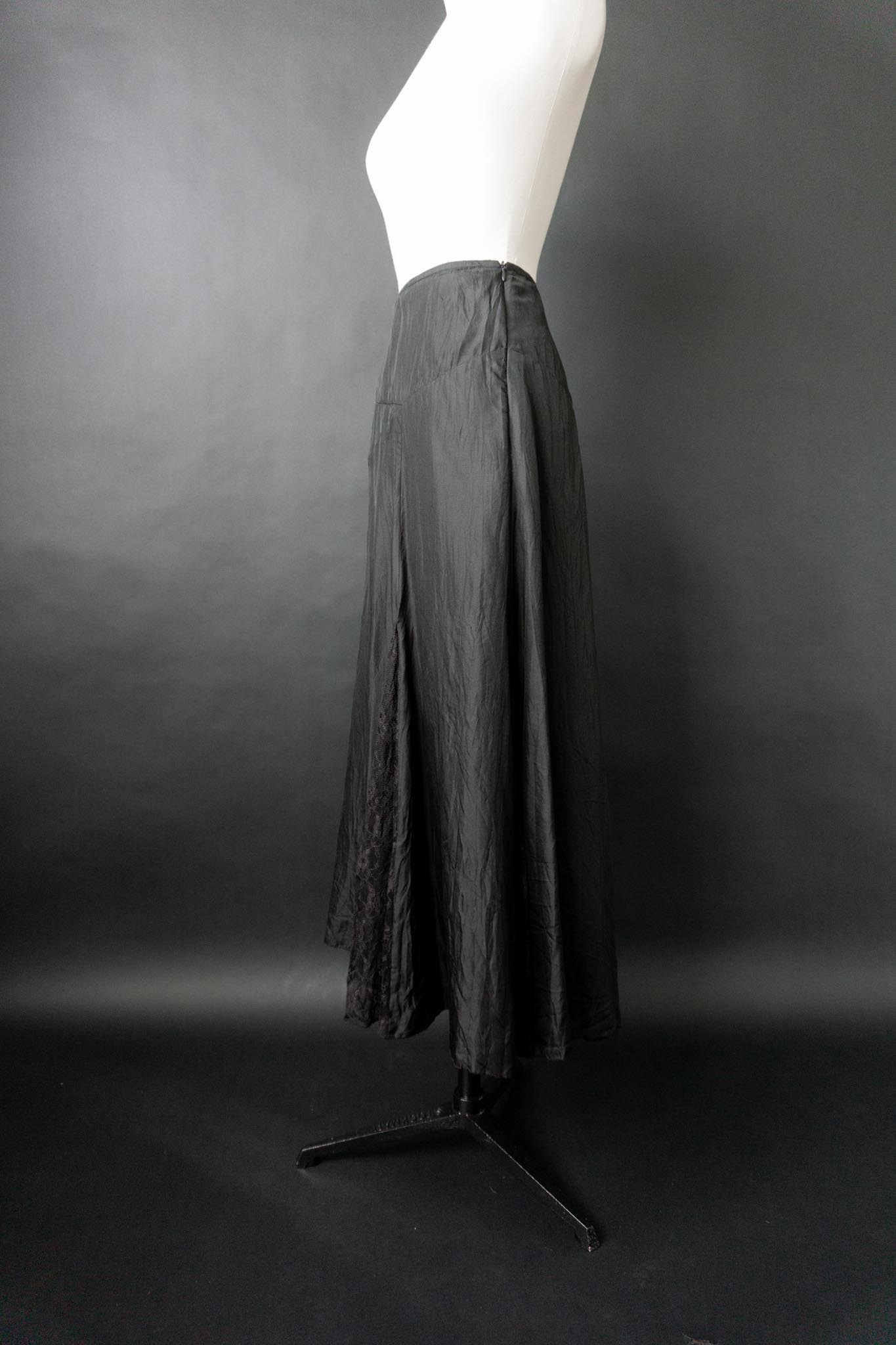 Vintage 90s Seidenrock Schwarz mit Spitze, L–XL
