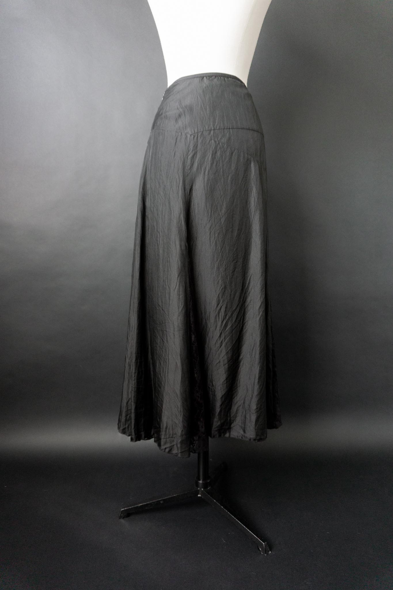 Vintage 90s Seidenrock Schwarz mit Spitze, L–XL