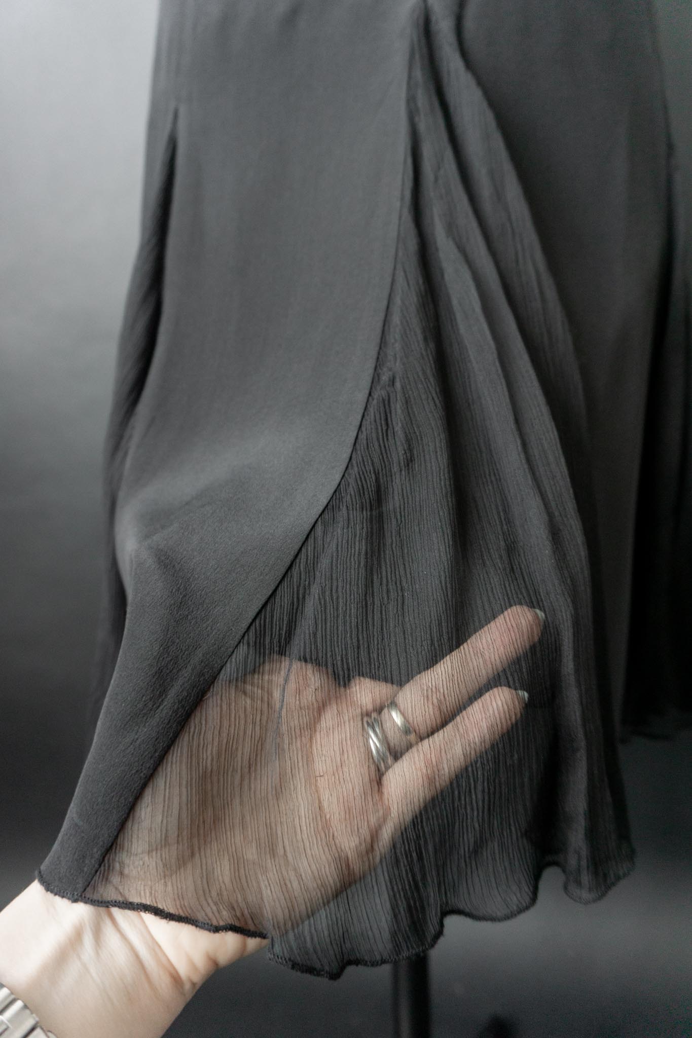 Vintage Seidenrock, Schwarz, Chiffon Einsätze, L–XL