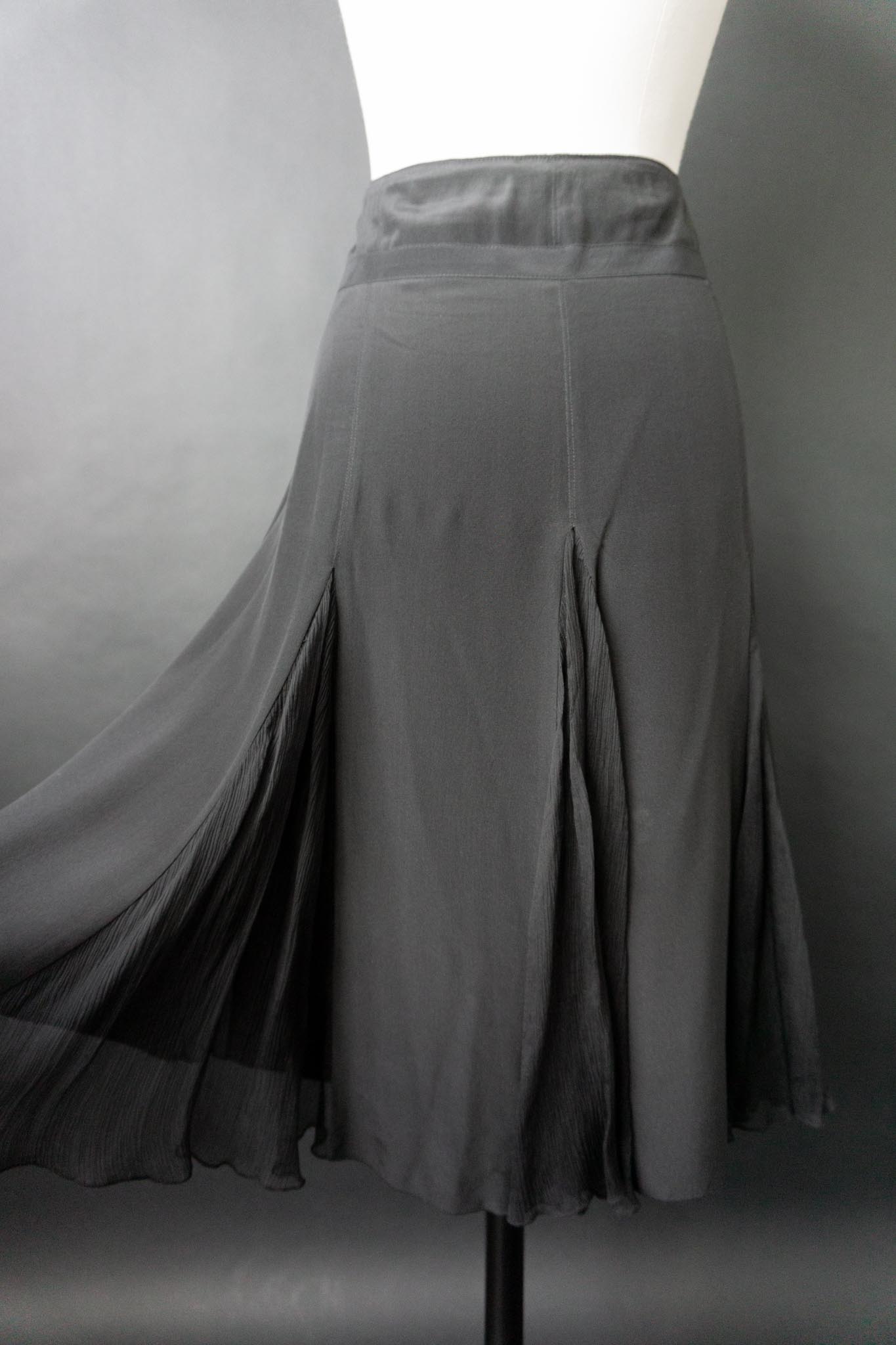 Vintage Seidenrock, Schwarz, Chiffon Einsätze, L–XL