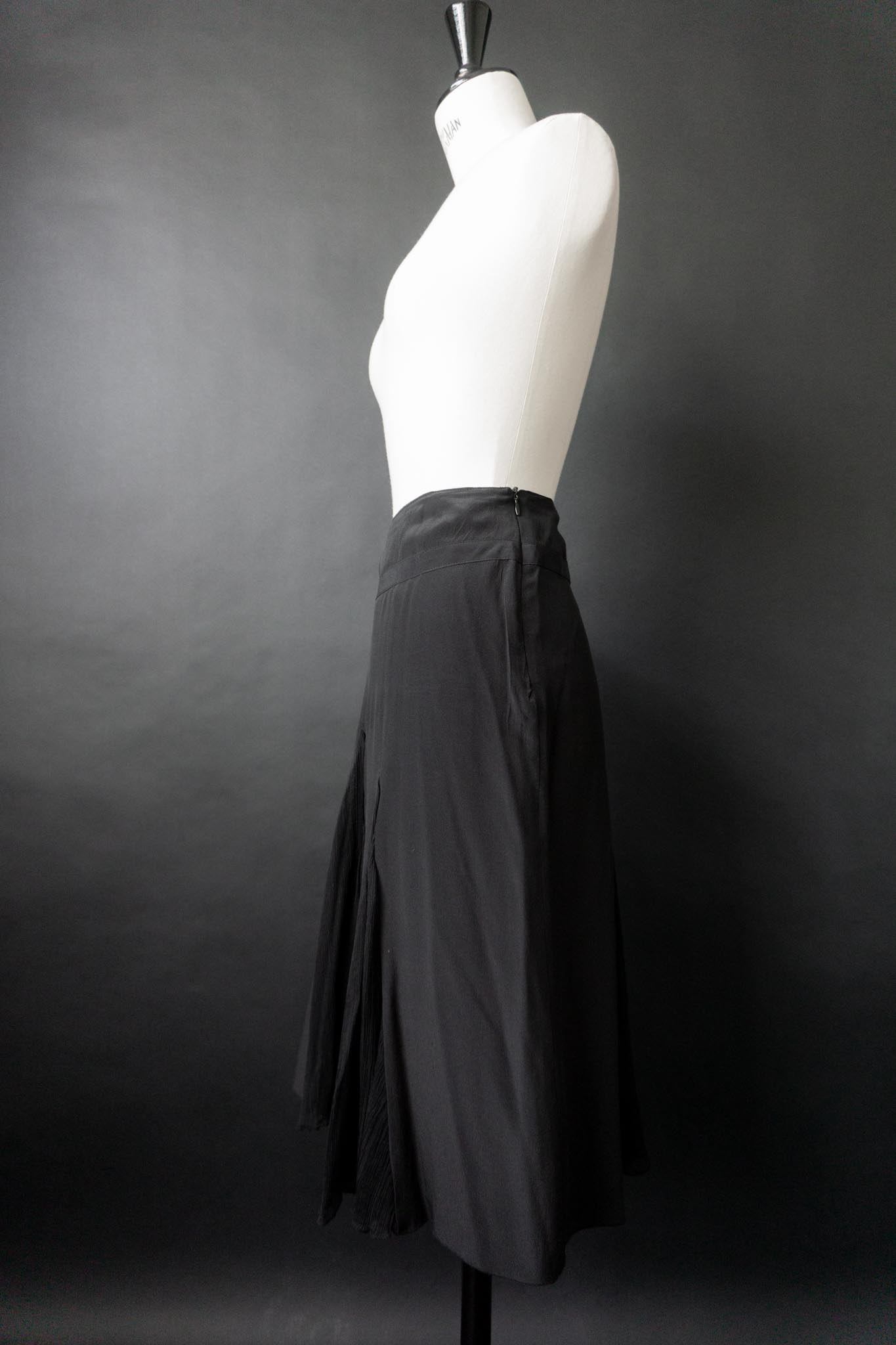 Vintage Seidenrock, Schwarz, Chiffon Einsätze, L–XL