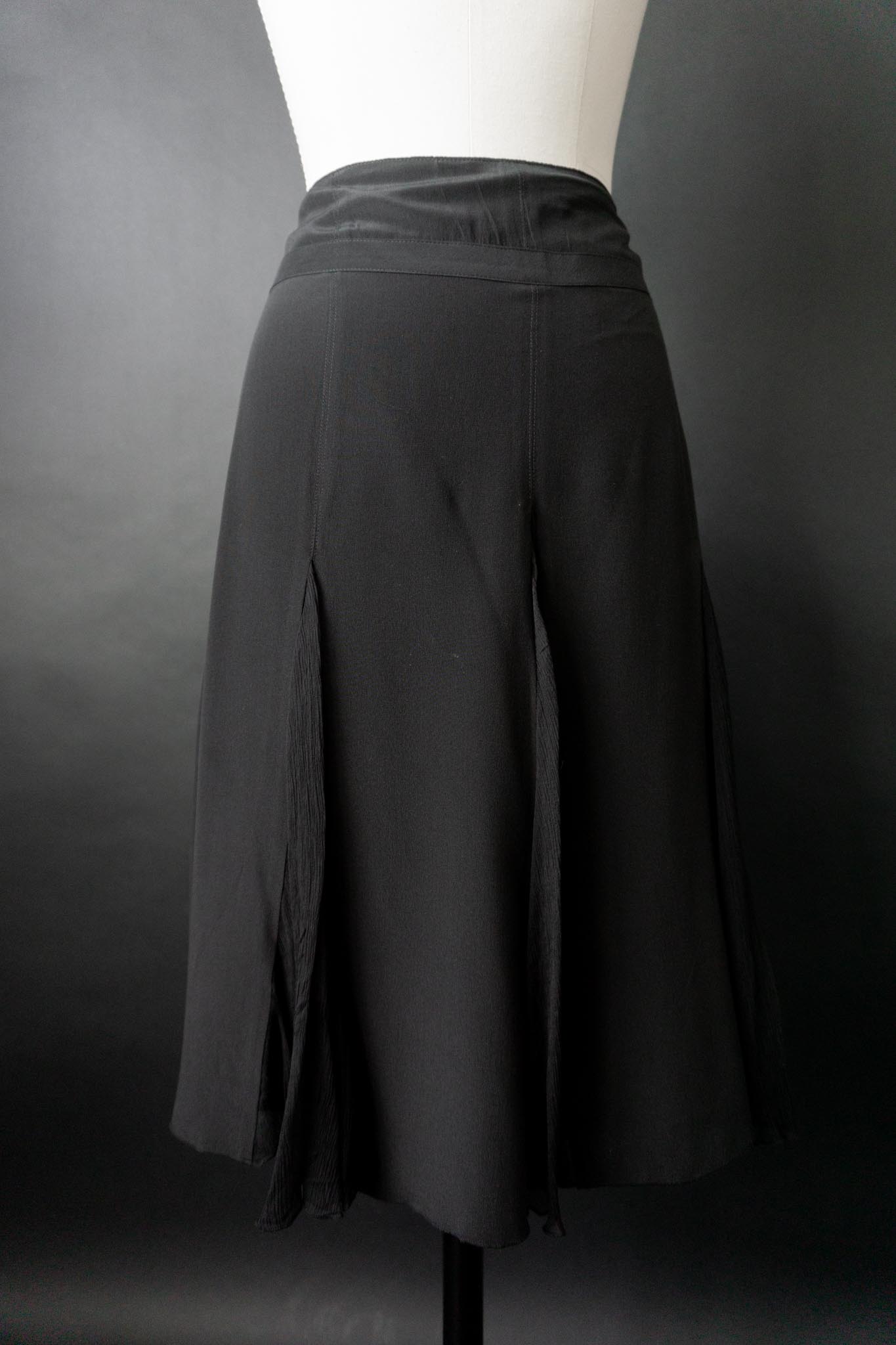 Vintage Seidenrock, Schwarz, Chiffon Einsätze, L–XL