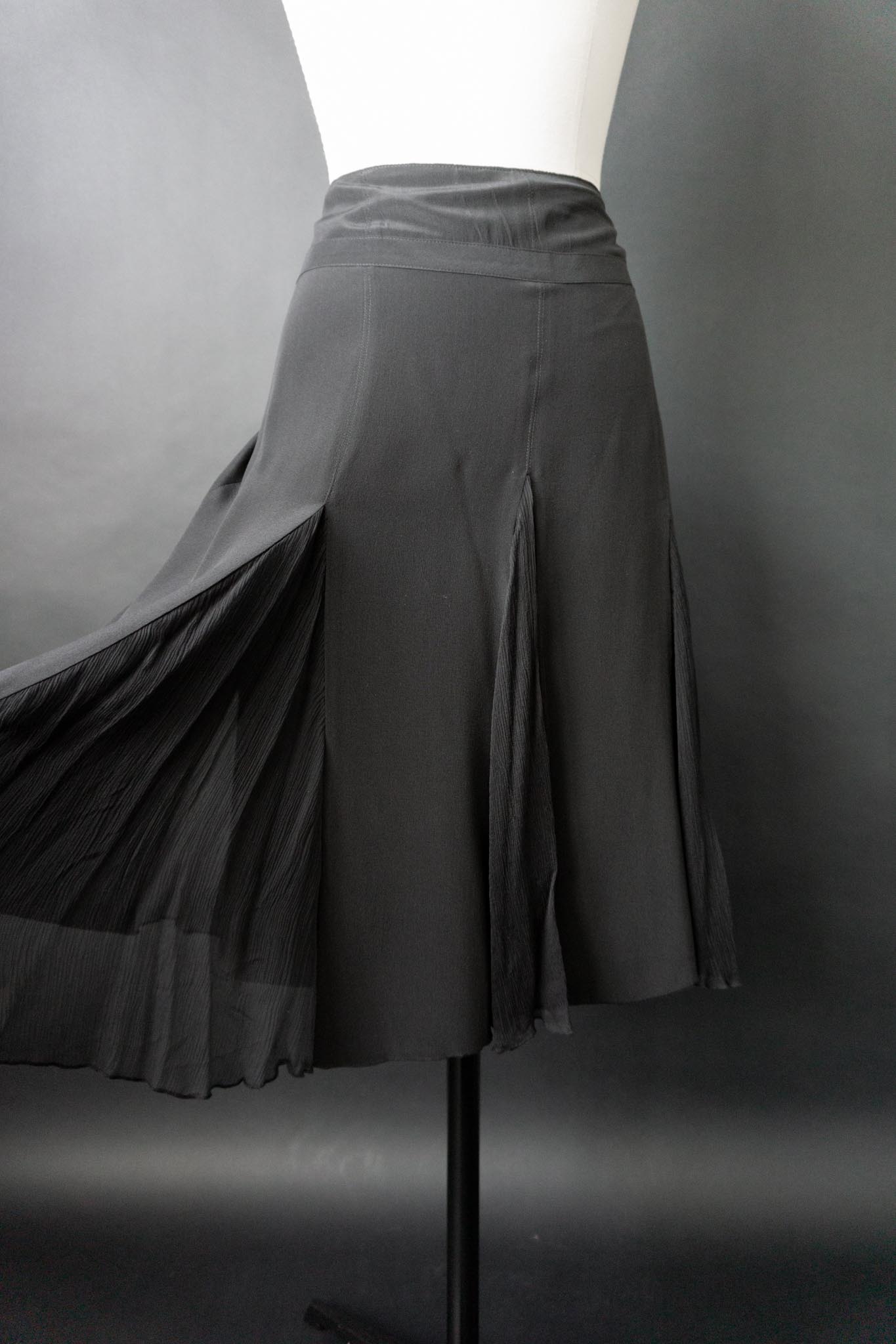 Vintage Seidenrock, Schwarz, Chiffon Einsätze, L–XL