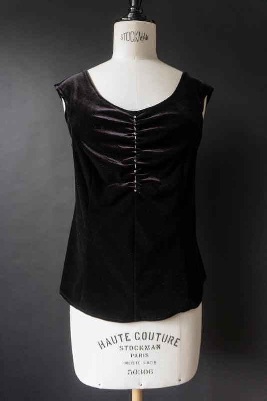 Vintage Samt-Top mit Perlendetails, Schwarz, S–M