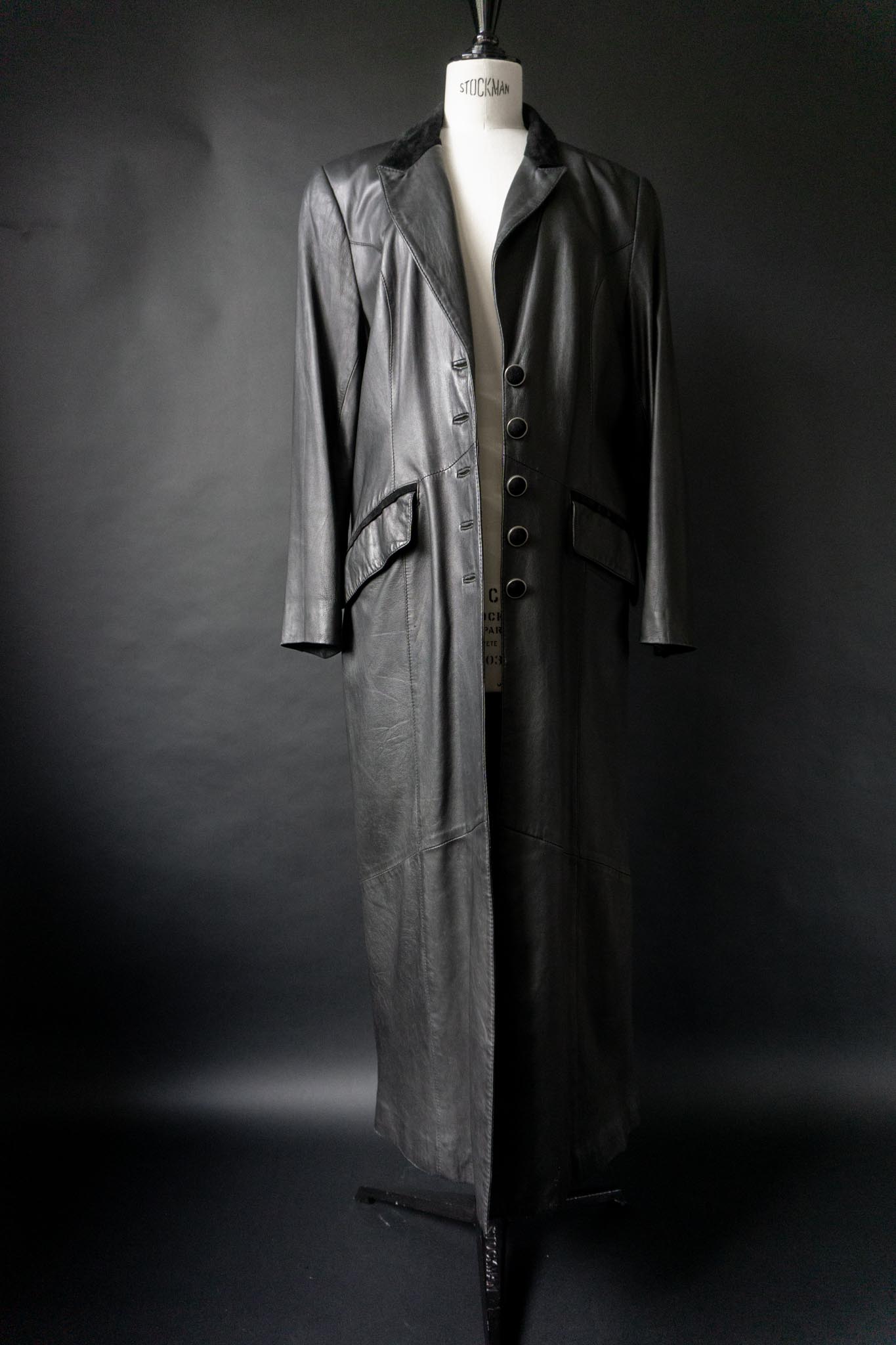 Vintage 90s Vampire Maxi Ledermantel, Velourslederdetails, S–M