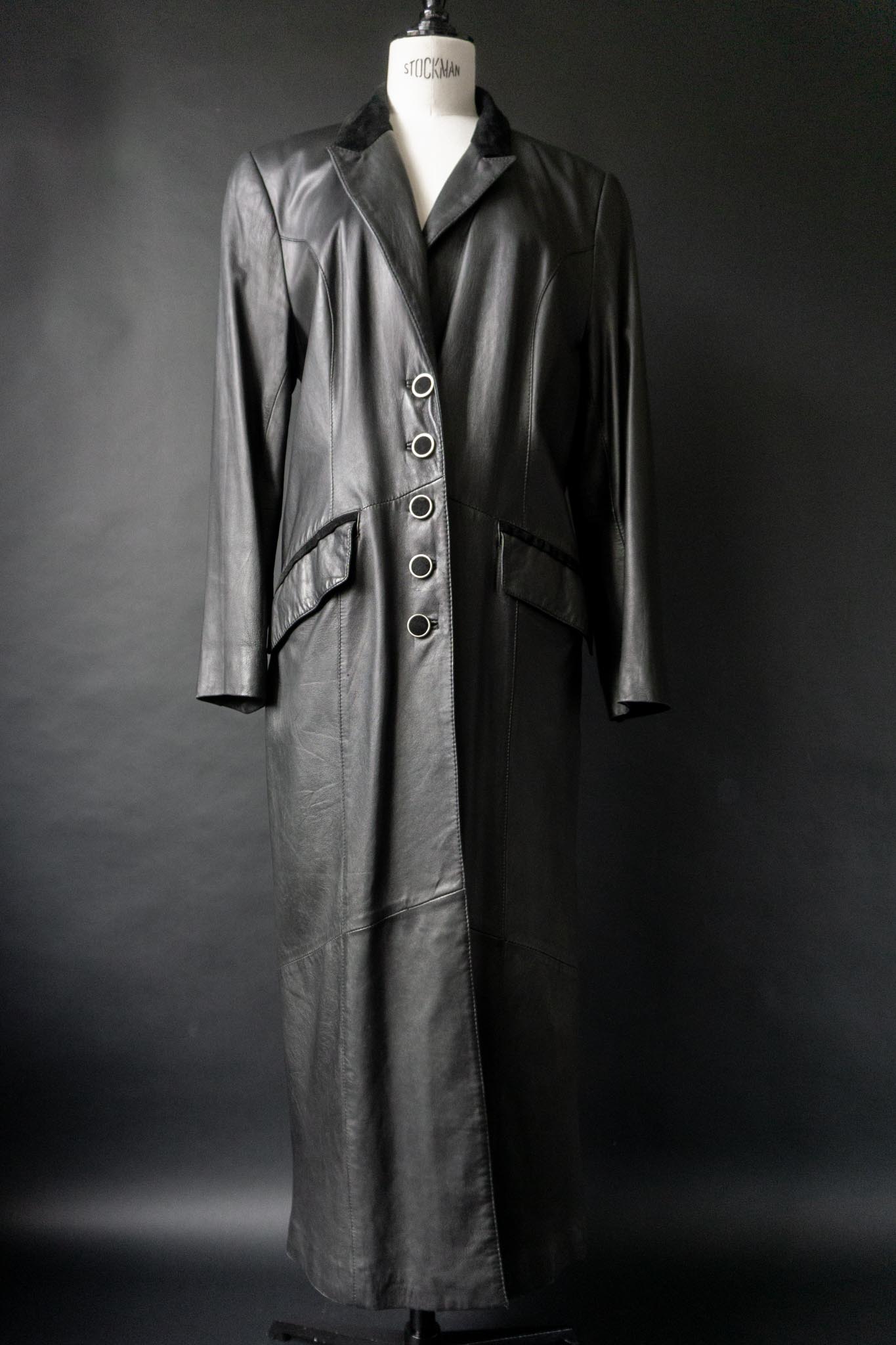 Vintage 90s Vampire Maxi Ledermantel, Velourslederdetails, S–M