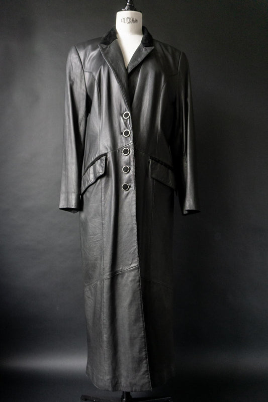 Vintage 90s Vampire Maxi Ledermantel, Velourslederdetails, S–M