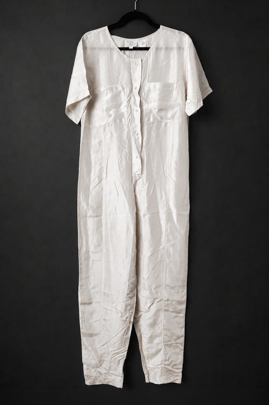 Vintage 80s Seiden Jumpsuit, Creme mit Taillengürtel, XS–S