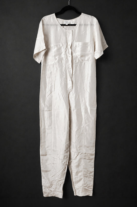 Vintage 80s Seiden Jumpsuit, Creme mit Taillengürtel, XS–S