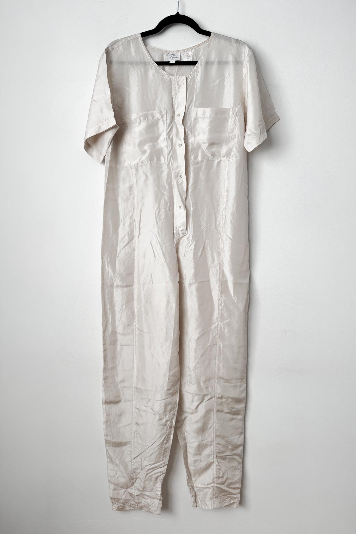 Vintage 80s Seiden Jumpsuit, Creme mit Taillengürtel, XS–S