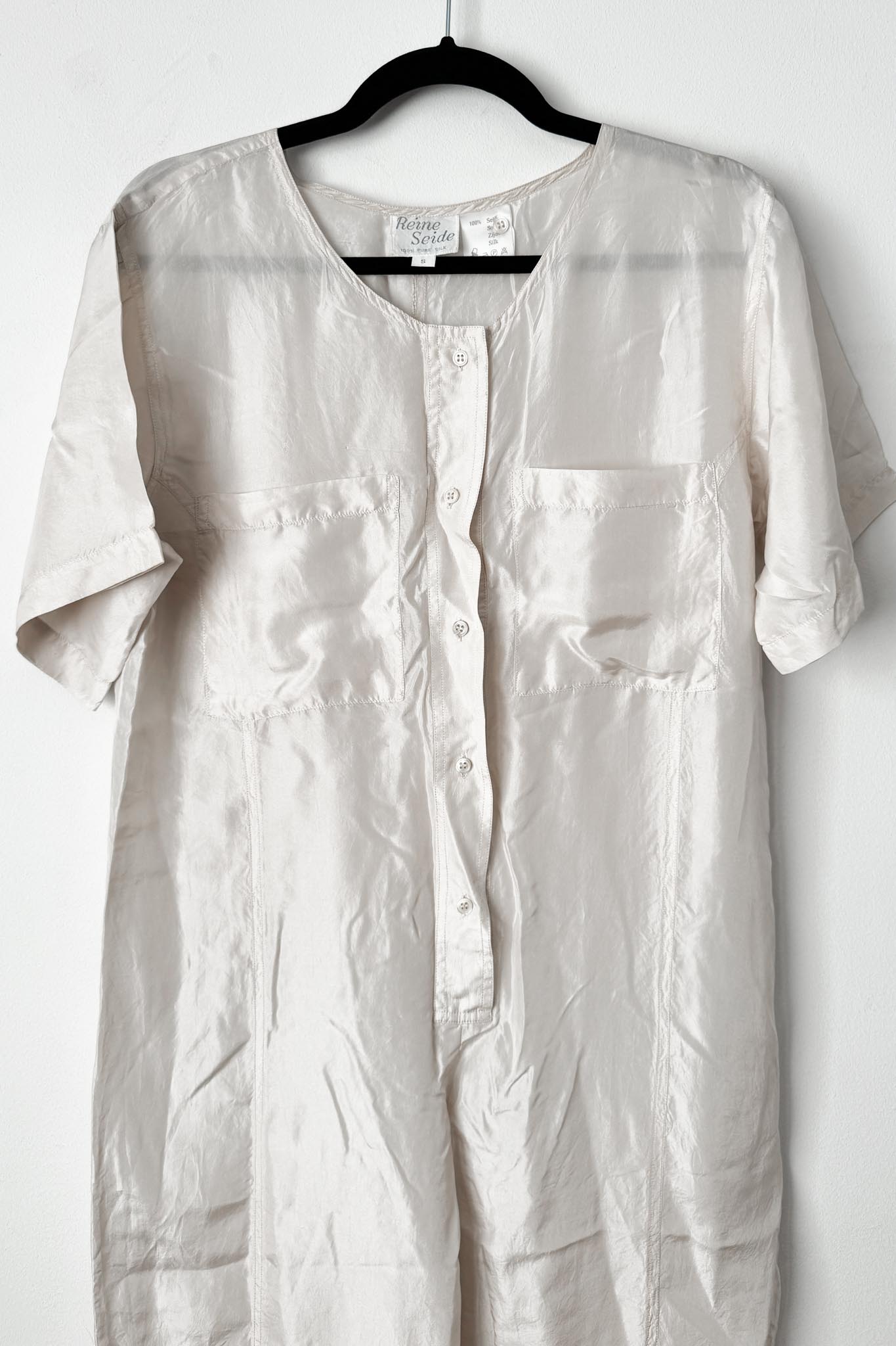 Vintage 80s Seiden Jumpsuit, Creme mit Taillengürtel, XS–S