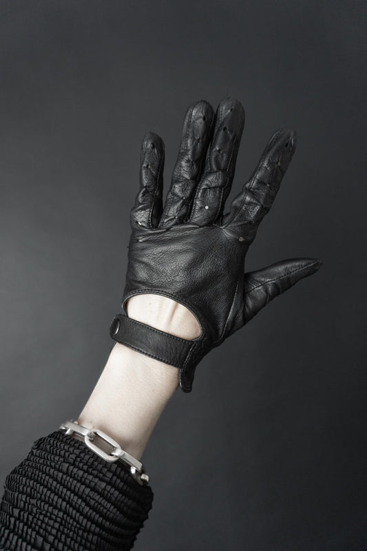 Vintage 80s Leder Biker Handschuhe, Schwarz, Echtleder, 7