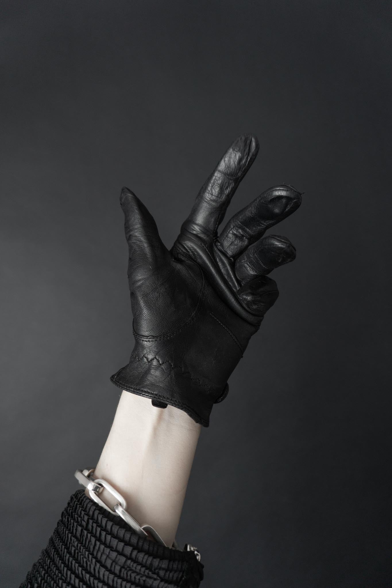 Vintage 80s Leder Biker Handschuhe, Schwarz, Echtleder, 7