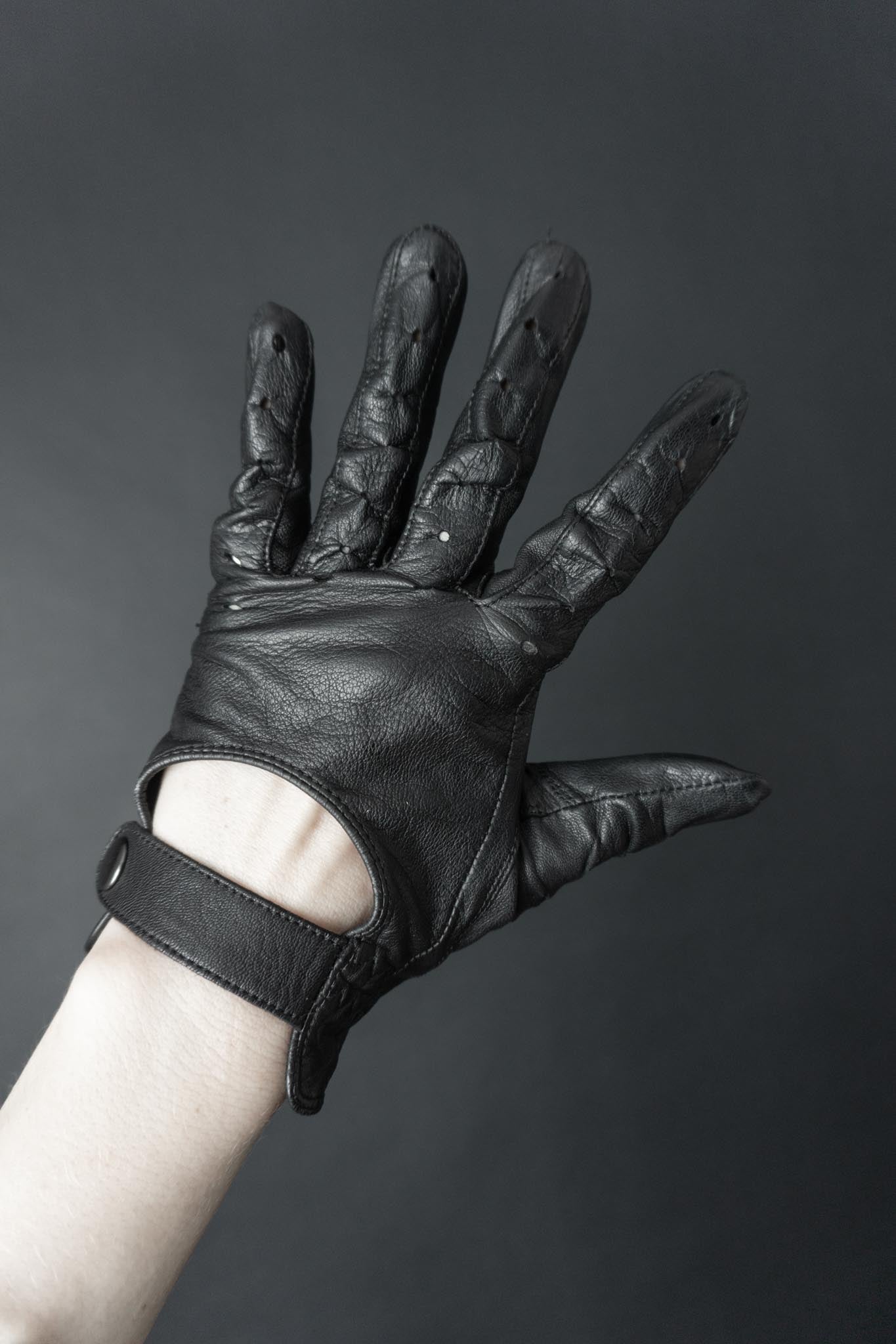 Vintage 80s Leder Biker Handschuhe, Schwarz, Echtleder, 7