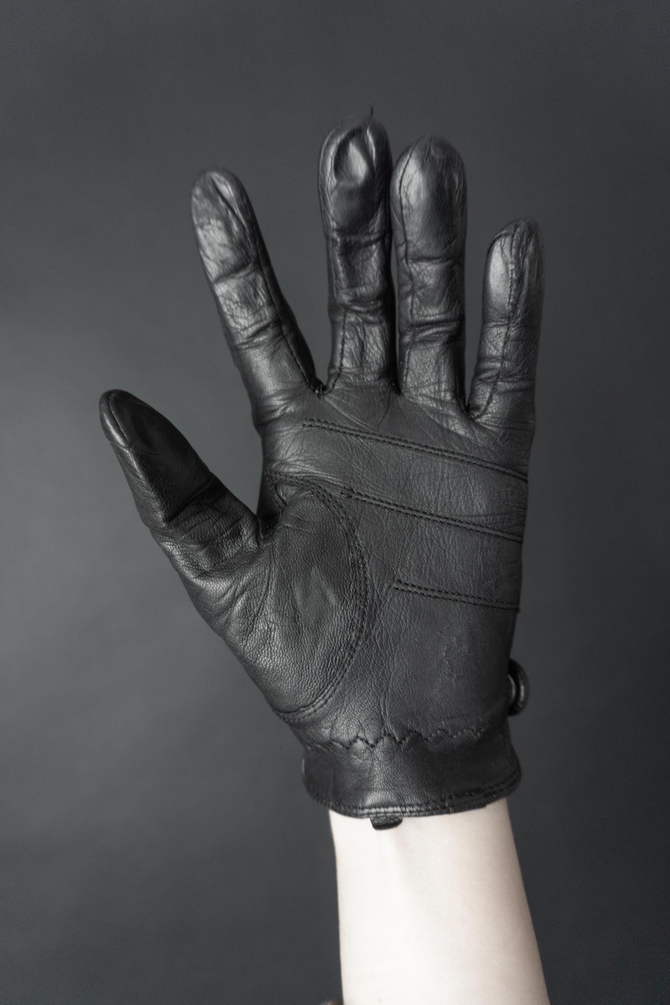 Vintage 80s Leder Biker Handschuhe, Schwarz, Echtleder, 7