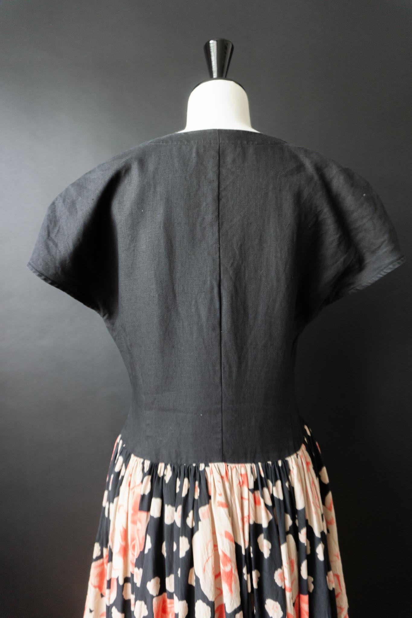 Vintage Vintage Leinen-Seidenkleid mit floralem Print, M–L