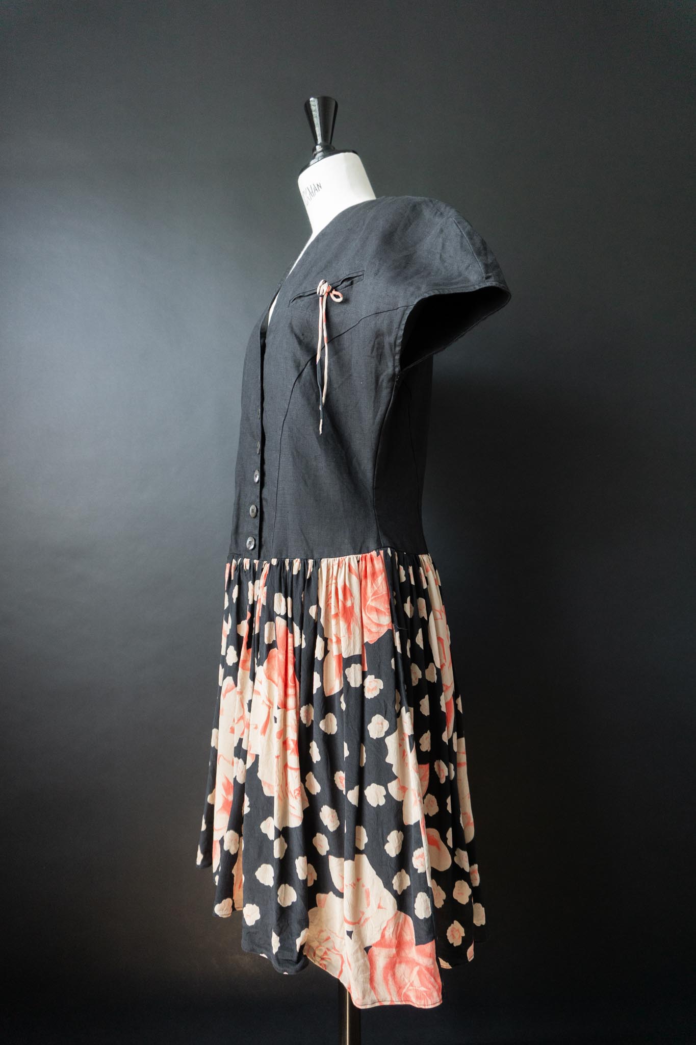 Vintage Vintage Leinen-Seidenkleid mit floralem Print, M–L