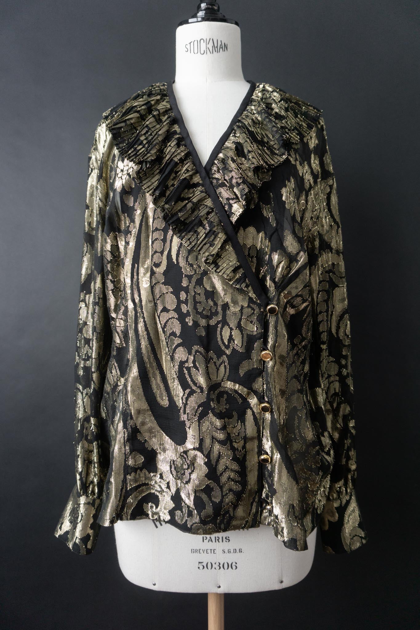 Vintage Seidenbluse von Escada by Margaretha Ley aus den 80er Jahren mit goldfarbenem Jacquardmuster und Plisseekragen.