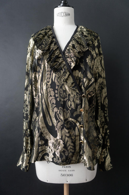 Vintage Seidenbluse von Escada by Margaretha Ley aus den 80er Jahren mit goldfarbenem Jacquardmuster und Plisseekragen.