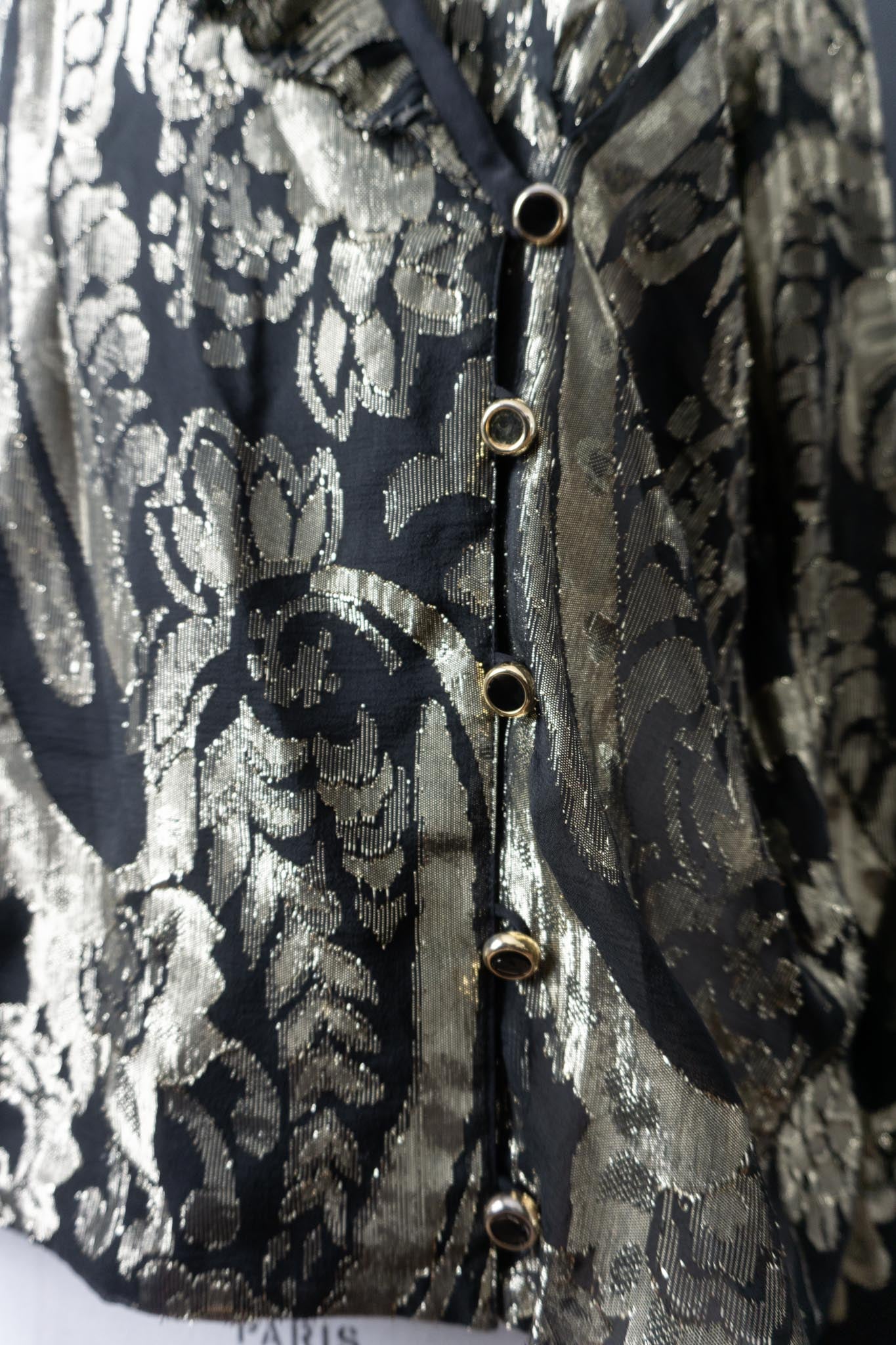 Vintage 80s Escada Seidenbluse mit Goldjacquard, M–L