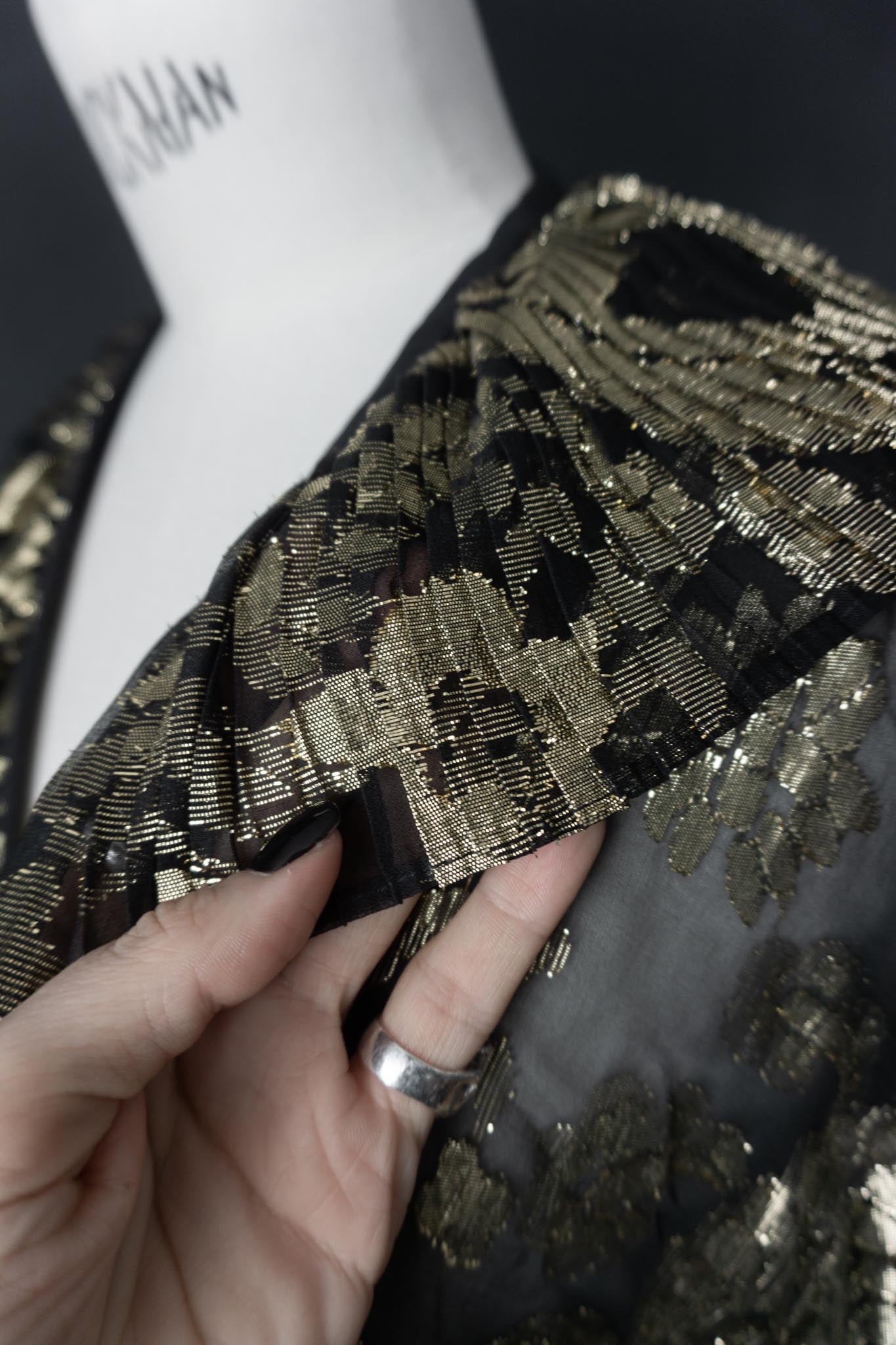 Vintage 80s Escada Seidenbluse mit Goldjacquard, M–L