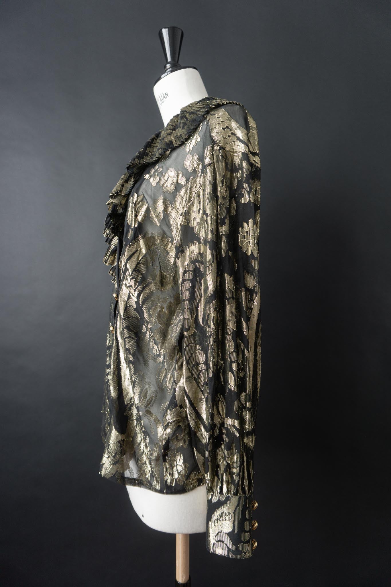 Vintage 80s Escada Seidenbluse mit Goldjacquard, M–L