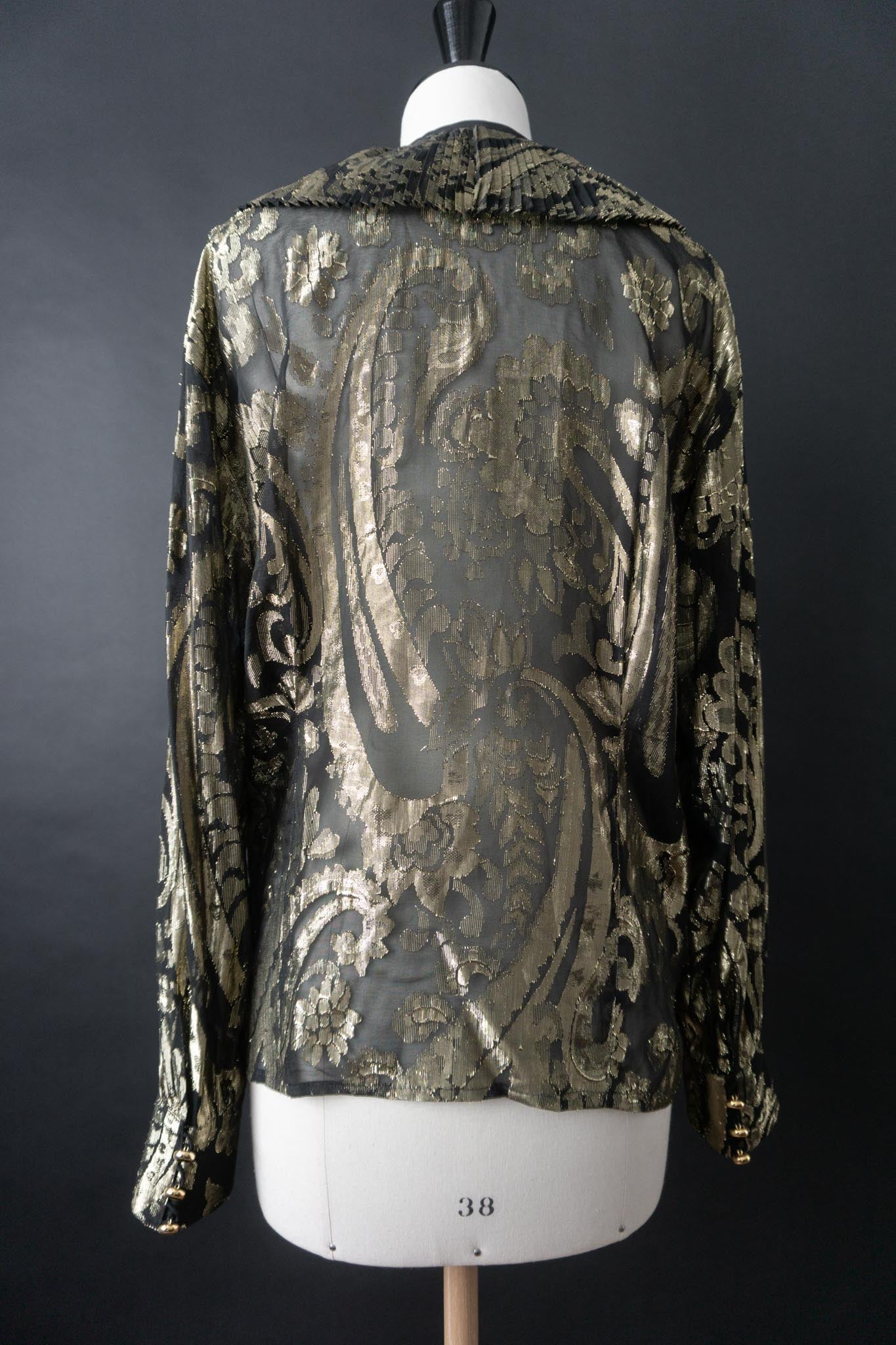 Vintage 80s Escada Seidenbluse mit Goldjacquard, M–L