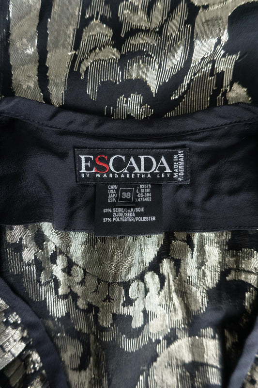 Vintage 80s Escada Seidenbluse mit Goldjacquard, M–L