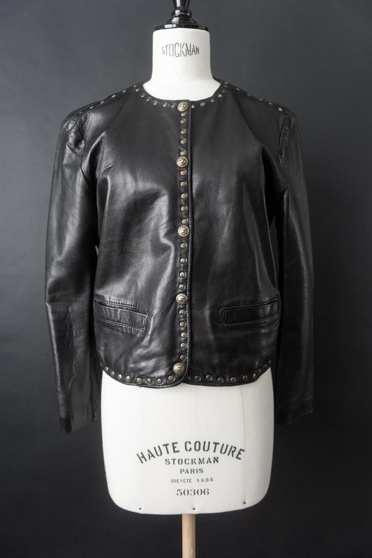 Vintage 80s Nieten Lederjacke, Cropped und boxy, S–M