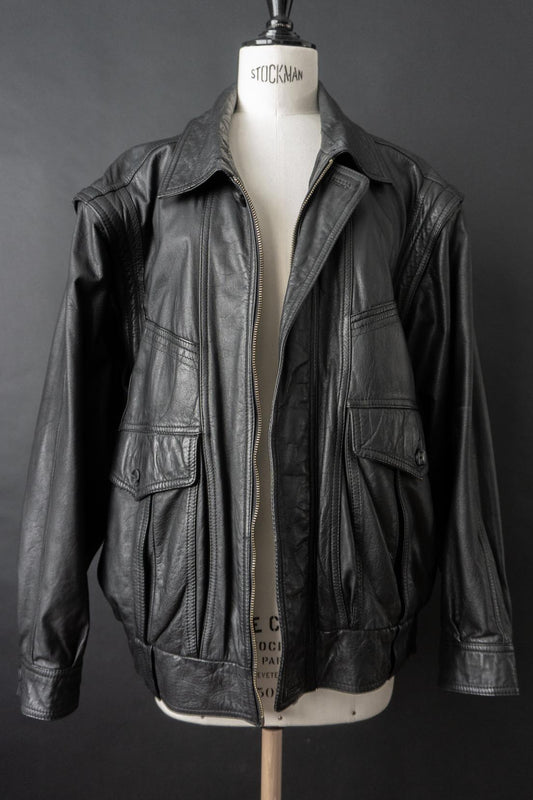 Vintage 80s convertible Lederjacke, Schwarz, M–L